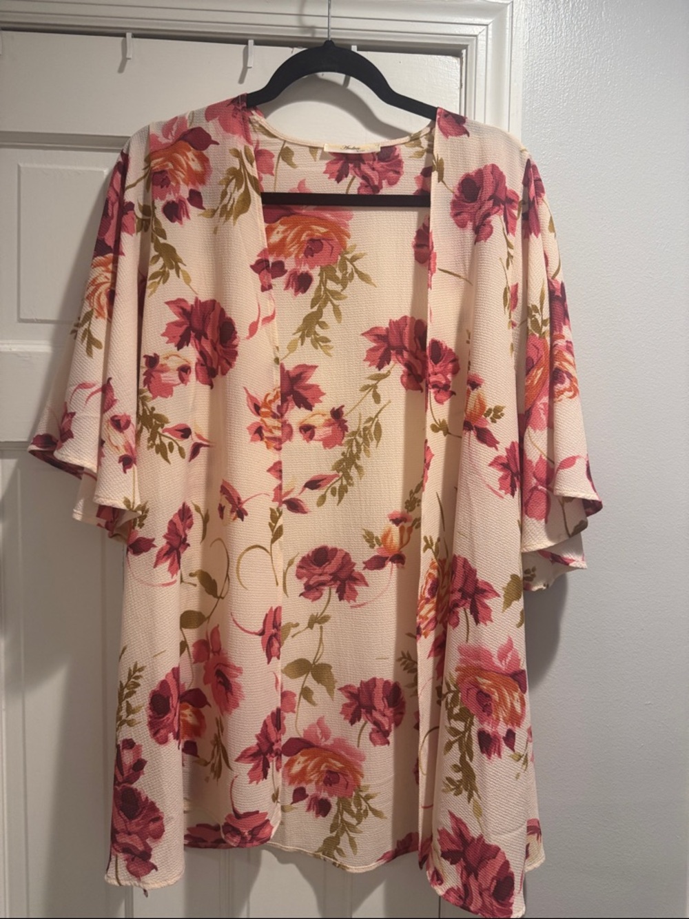 ANDREE BY UNIT Cream Floral Open Front Kimono - Pink & Olive